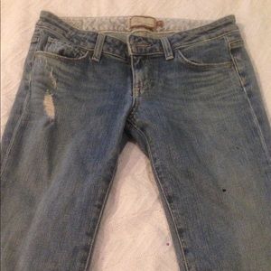 Paige jeans, slightly distressed, barely boot cut